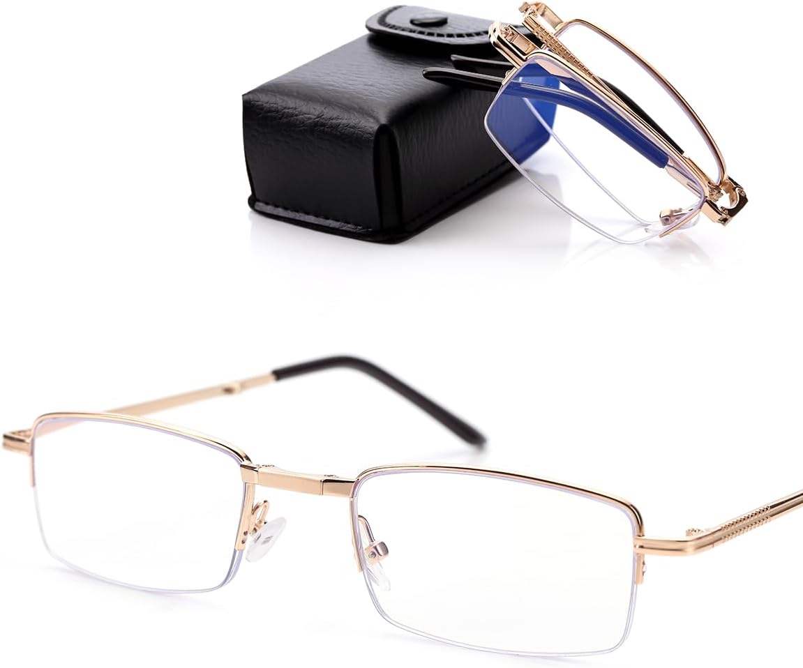 LUFF Folding Metal Compact Portable Reading Glasses for Men,Anti Blue Light Computer Foldable Half Frame Reader with case