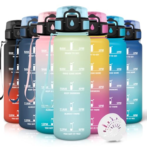 Motswedi Gourde 1l, Anti-Fuite, Gourde Sport, avec Marqueur de Temps, Bouteille d'eau, Réutilisable, Bouteille, pour Sport, Randonnée, Yoga, Fitness, Blanc Cassé Bleu Clair