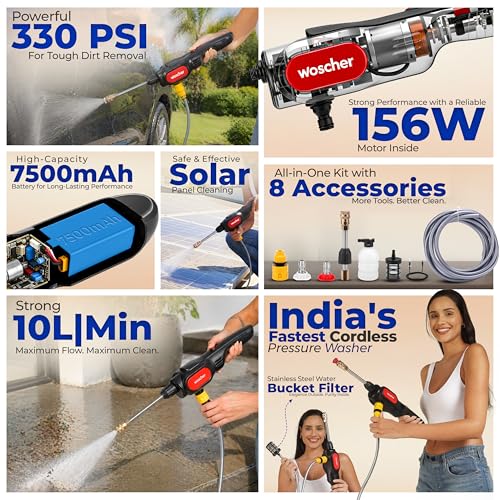 Image of Woscher AquaVolt Cordless Portable Wireless Pressure Washer for Car Wash Bike Washing and Multipurpose Cleaning | 156W | 7500mAh| Triple Battery | |10L /Min | 12+6 Months Warranty
