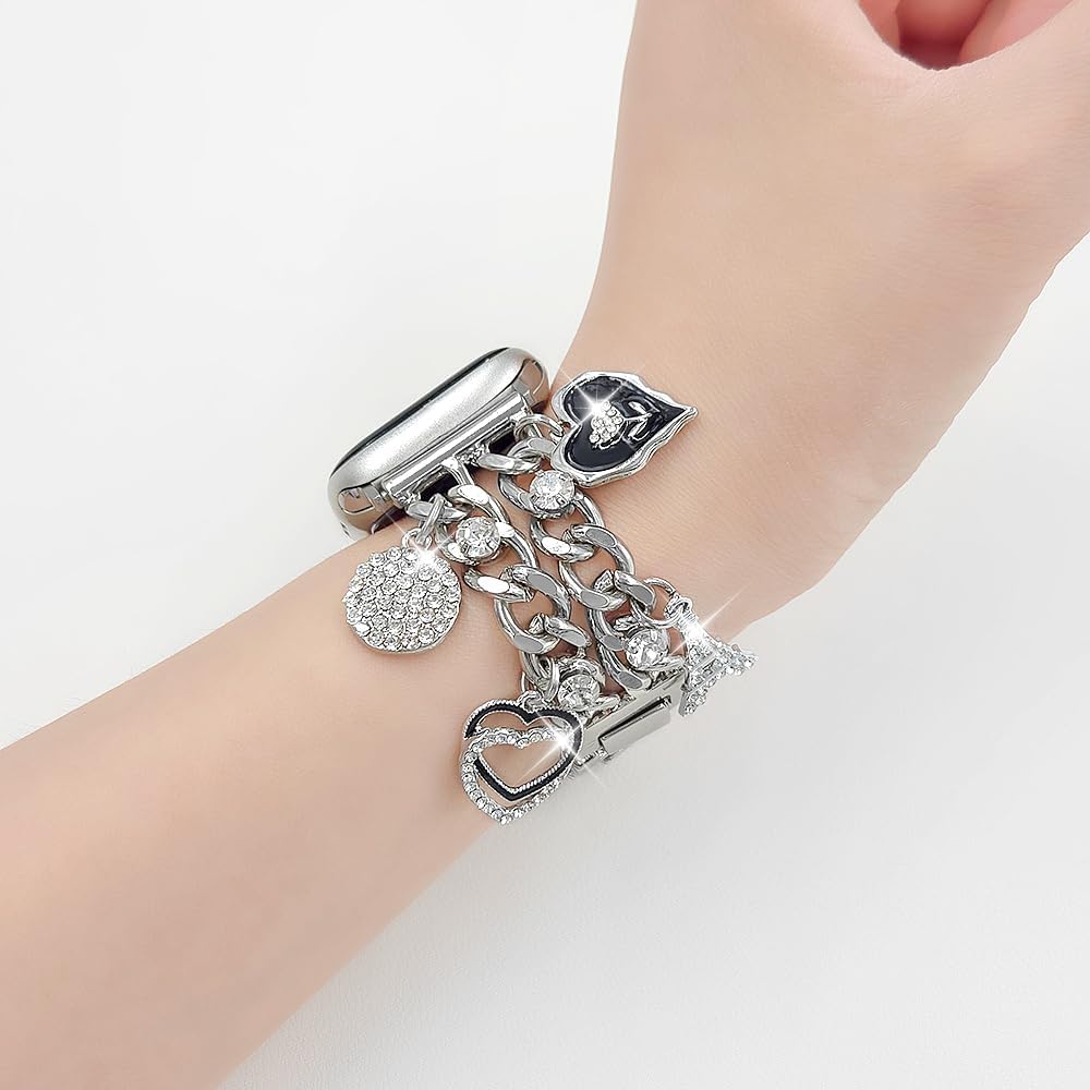 YONWORTH Cuban Chain Band Compatible with Apple Watch Bands 38/40/41/42/44/45 46 49mm Women,Bling Diamond Chain Dressy Metal Wristband Cute Charms Pendants for iWatch Series 10 9 8 7 6 5 4 3 SE Ultra - Image 5