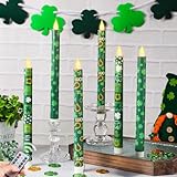 LCZLUMIPRO 6Pcs St. Patrick' s Day Flameless Taper Candles, 10.63' Green Battery Operated LED Shamrock Candles with Lucky Charms,Remote Timer, Candlesticks,Irish Party Favor Gifts for Home Table Decor