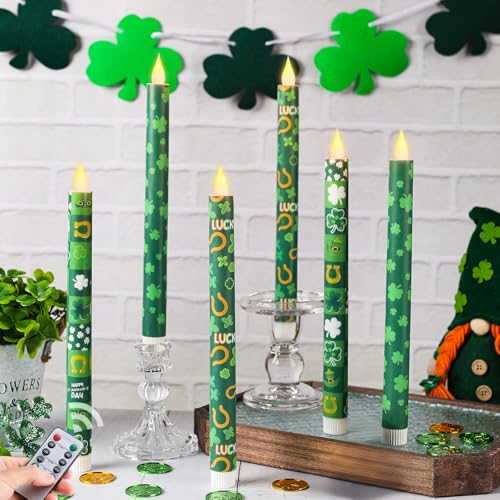 LCZLUMIPRO 6Pcs St. Patrick' s Day Flameless Taper Candles, 10.63" Green Battery Operated LED Shamrock Candles with Lucky Charms,Remote Timer, Candlesticks,Irish Party Favor Gifts for Home Table Decor