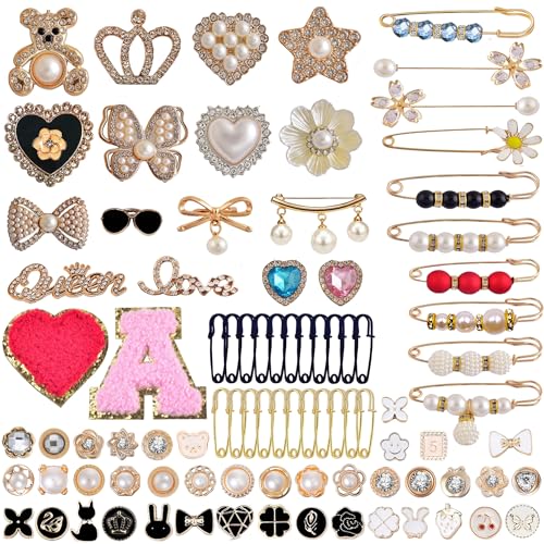 Image of 50-231pcs Charms for Socks Safety Pin Brooch Pins, Sock Charms Pins Gold Bling Sock Jewelry Charms, Pearl Rhinestone Brooch Pins Costom Style Charms Pins Sets for Hat Clothes Shoe Socks ﻿ (100)