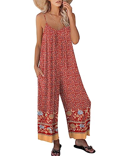 Image of ANRABESS Women Jumpsuits 2026 Casual Sleeveless Spaghetti Strap Boho Wide Leg Rompers Summer Outfits Beach Vacation Clothes