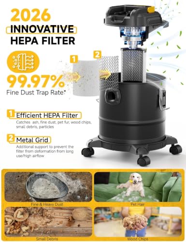 Image of Cordless Ash Vacuum for Pellet Stoves, for DEWALT 20V Max Battery, Pellet Stove Vacuum Cleaner with 2 HEPA Filters, Powerful Suction, 4 Gallons & 4 Wheels, 38 inch Hose for Wood Fireplaces, BBQ Grills