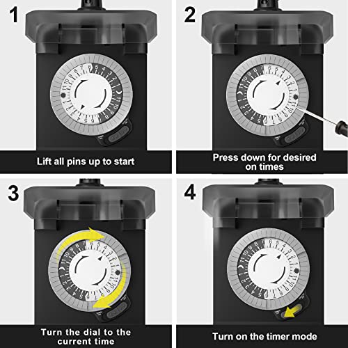 24 Hour Outdoor Mechanical Timer Switch with Two Ground Outlets, Variable On/Off Setting Every 30 Minutes, 48 Pin Setting Dial, Up to 24 Events Per Day,ETL Listed,Black by oviitech - Image 5