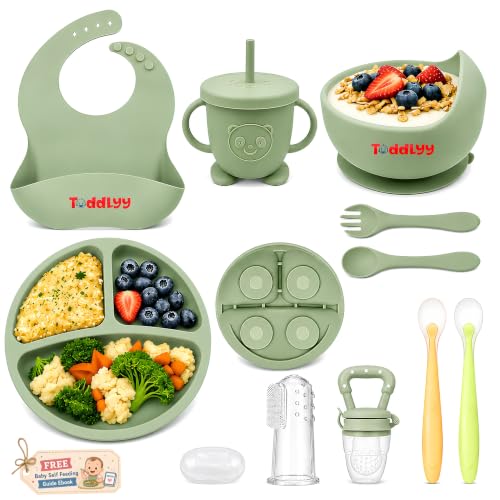 Image of 10 Pcs Silicone Baby Feeding Set for Toddlers 6+ Months | Baby Led Weaning Self Feeding Kit | Suction Plate & Bowl, Bib, Cup, Spoon & Fork, Fruit Feeder, Finger Brush | FDA | Ebook (Green,)