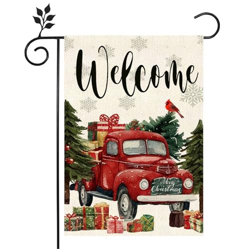 Christmas Garden Flag Christmas Pine Tree Cardinal Red Truck Flag 12x18 Inch Double Sided Outside Xmas Winter Truck RusticFarmhouse Rustic Large Yard Flag