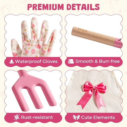 Image of ROBUD Kids Gardening Set 18 PCS Bow Theme Garden Tools for Kids with Storage Bag, Apron, Waterproof Gloves, and Planting Cards - Educational Outdoor STEM Gardening Toy Gift for Girls and Toddlers