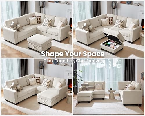 Image of CHIC HOUSE Modular Sectional Couch| Corduroy L Shaped Sleeper Sofa, U-Shape Sofa Bed Convertible Chaise with Storage Ottoman for Living Room Modern Furniture (Beige, 6 Seater L-Shaped)