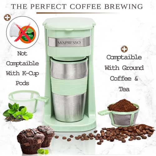 Mixpresso Green Personal Single Serve Coffee Maker with 14oz Travel Mug, Drip Small Coffee Maker with Auto Shut Off, Reusable Filter, Works with Ground Coffee Only – Not for K-Cup Pods by Mixpresso - Used condition - Image 3