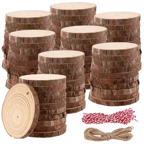 SOUJAP 100pcs 3.5-4 Inch Natural Wood Slices with Hole, 9-10cm
