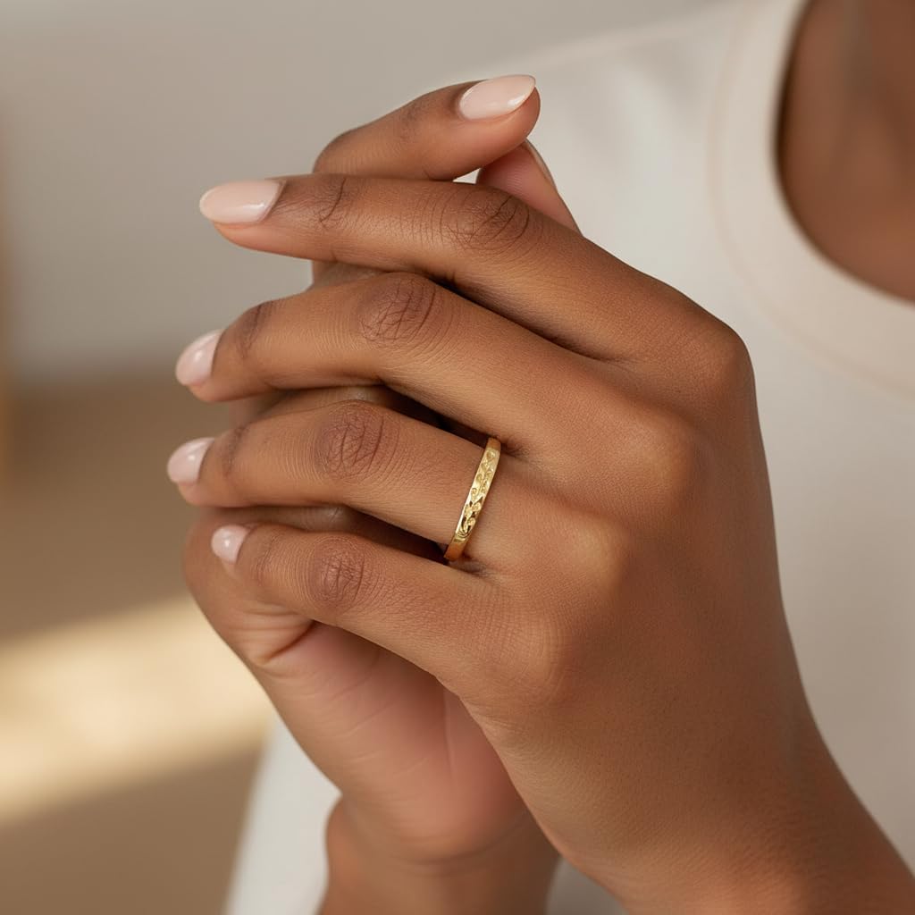 YeGieonr 14K Gold Plated Signet Rings for Women Non Tarnish 925 Sterling Silver Dainty Stackable Gold Ring, Waterproof Engraved Flower Thin Band Unique Everyday Jewelry Gift