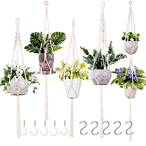 Macrame Plant Hanger, Plant Hangers Indoor 5 Pack, Large Macrame Plant Hanger for Hanging Plant Pots with 10 Hooks, Boho Handmade Rope Plant Hanger for Indoor Outdoor Home Decor
