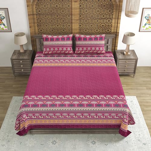 Image of BLOCKS OF INDIA Hand Block Printed 200 TC Cotton Super King Size Bedsheet(106 x 106) | Pack of 1, Batik Maroon Elephant