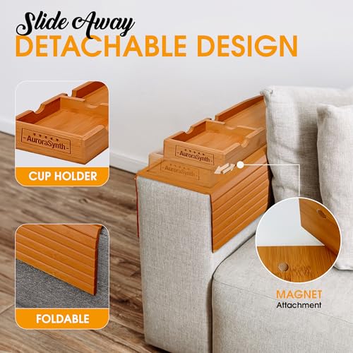 Couch Cup Holder Tray with 2 Cork Coasters, Couch Arm Tray, 2 in 1 Anti-Slip Foldable Sofa Arm Tray, Couch Armrest Table, Anti-Spill Couch Arm Table for Drinks TV Remote Cellphone Snacks (Mahogany) by AuroraSynth - Image 2