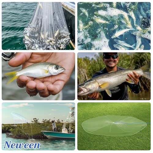 Neween Cast Net, American Saltwater Cast Nets for Fishing, 3ft-10ft Radius Casting Net for Bait Fish, 3/8 Inch Professional Grade Monofilament Throw Nets for Fishing Bait with Heavy Duty Sinker - Thumbnail 7