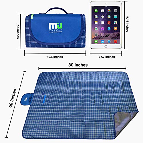 MIU COLOR Large Waterproof Outdoor Picnic Blanket, Sandproof and Waterproof Picnic Blanket Tote for Camping Hiking Grass Travelling (80'' x 60'' Navy Plaid) - Thumbnail 5