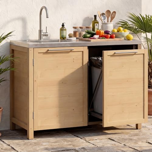 MOUMON Patio Kitchen Sink Cabinet with Stainless Steel Countertop, Solid...
