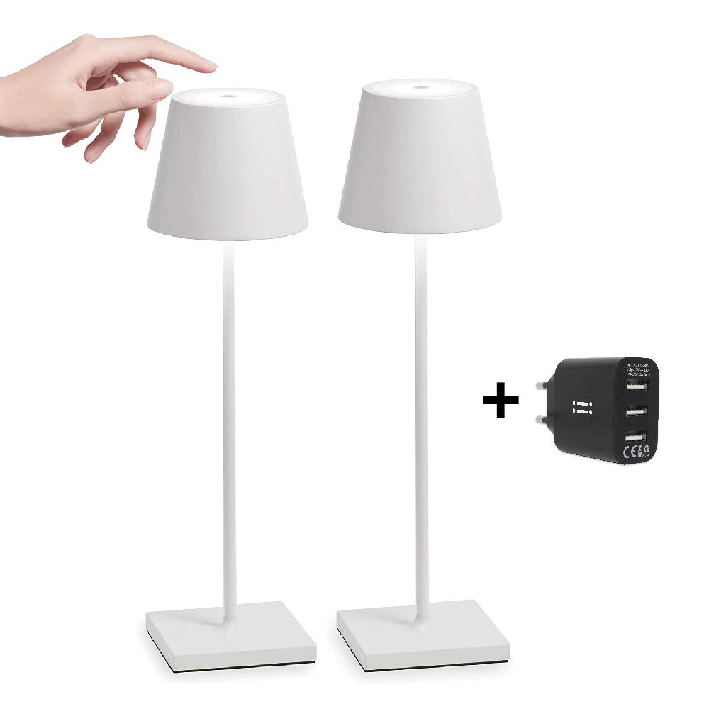 [Amazon Exclusive] Zafferano Poldina Pro Kit 2x Lámpara Portátil, Cargador USB doble Aiino para Cargar Simultáneamente Lámpara/Smartphone, LED regulable, Base de Carga por Contacto, H38cm - Blanco