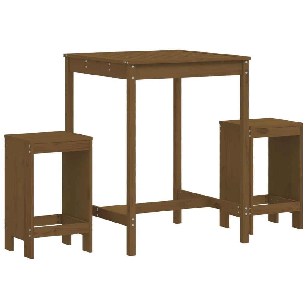 Juego de bar de jardín de madera maciza de pino, 82,5 cm, con 2 taburetes sin respaldo, diseño moderno, resistente, para balcón, terraza, jardín (3 piezas)