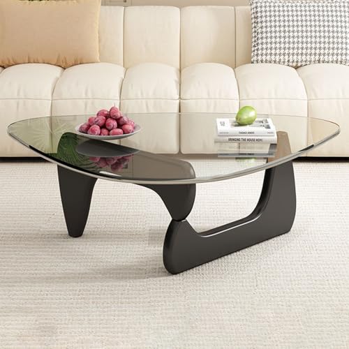 Mesa de Centro Triangular Irregular de Vidrio para Sala de Estar Triangular con Base de Madera Maciza Moderna para balcón o habitación.