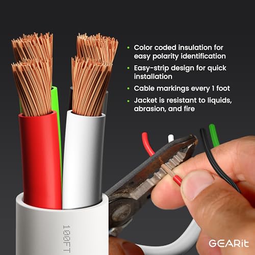 Image of GearIT 12 /4 Speaker Wire (100 Feet) 12AWG Gauge - Fire Safety in Wall Rated Audio Speaker Wire Cable / CL2 Rated / 4 Conductors - OFC Oxygen-Free Copper, White 100ft