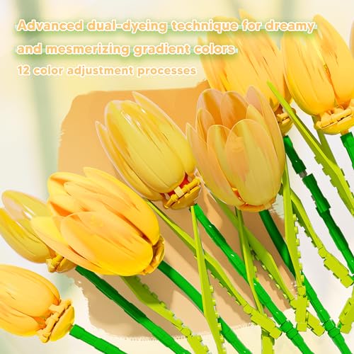 Image of ZONECYTD Flower Bouquet Building Toy Set Tulips Artificial Flowers, Plant Botanical Building Blocks for Adults Home Office Decor Compatible with Lego Orange Color
