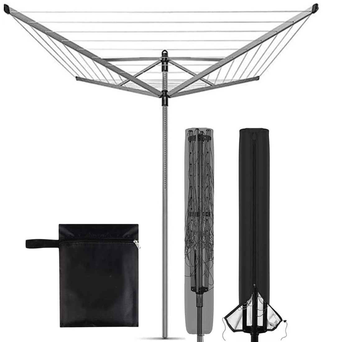 Fitspi Black 165X16x16cm Rotary Washing Line Cover, 420D Heavy Duty Waterproof Cover With Anti-Rust Zip, Protective Weather Resistant Parasol Cover For Garden Dryer And Airer