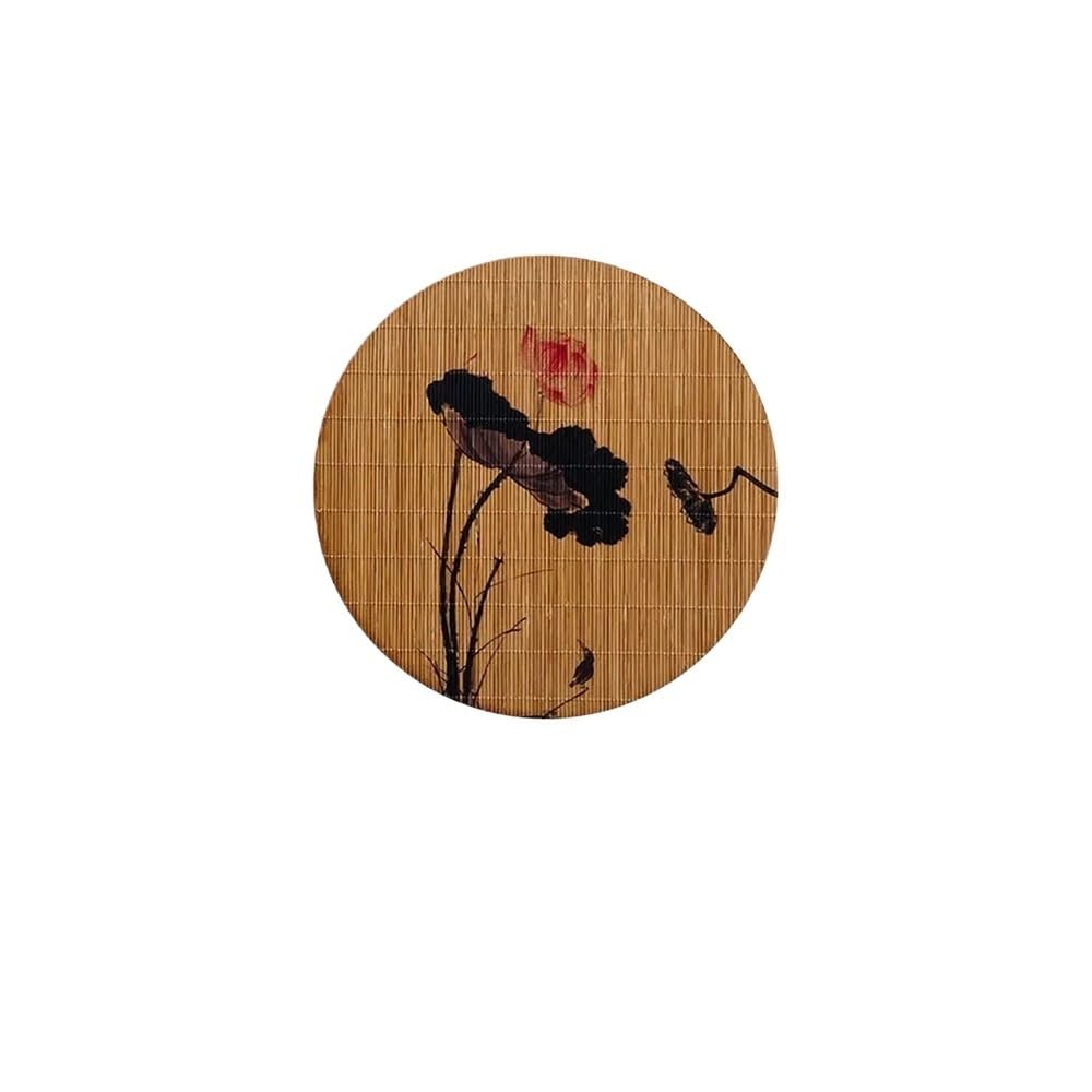 Vintage Chinese Bamboo Tea Mat Heat-Resistant Tea Table Runner Kung Fu Style Insulated Placemat With Printed Design(08 Lotus 20cm)