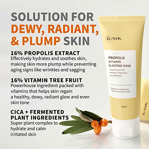 Iunik Propolis Vitamin Glow Sleeping Mask Night Moisturizer Cream 2.03 Fl Oz Overnight Moisturizing Cream Tea Tree Centella Asiatica Extracts Anti-Sagging Even Tone Rehydrate Firm Maturing Skin Vegan #TOP2