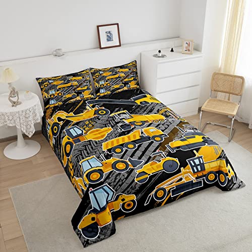 Excavators Kids Bedding Sets For Boys Twin Size Tractor Boys Room Decor Yellow Cartoon Car Comforter For Children Girls Cartoon Truck Quilt Construction Site Car Duvet Insert 2Pcs #TOP2
