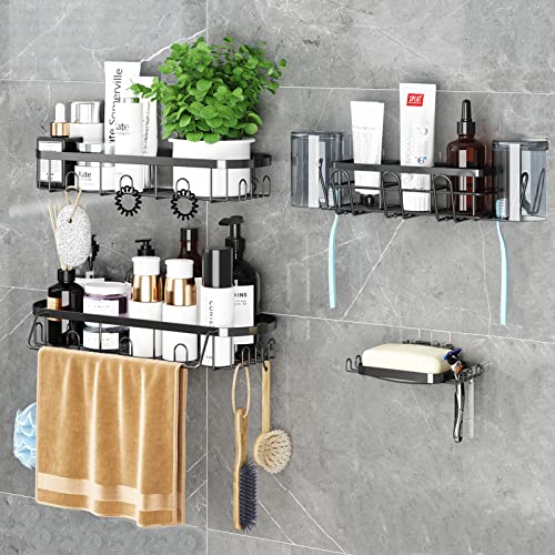 Duschkorb mit Haken, kein Bohren Duschablage Duschablage Seifenschale Zahnbürstenhalter, selbstklebender Dusch-Organizer rostfreier Edelstahl Shampoo-Halter für Badezimmer, 4 Stück, schwarz Cover