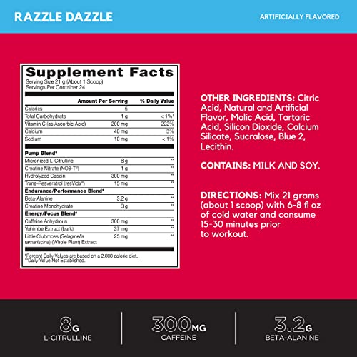 Image of BSN N.O.-XPLODE Vaso Pre Workout Powder with 8g of L-Citrulline and 3.2g Beta-Alanine and Energy, Flavor: Razzle Dazzle, 24 Servings