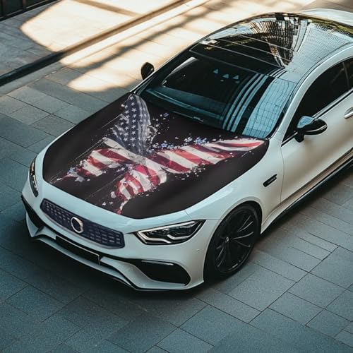 Image of Butterfly US Flag Car Hood Covers for Automobiles, Forget-Me-Not Flower American Flag Car Bonnet Banner Can be Washed Suitable for Most Vehicles Sedans Trucks SUVs