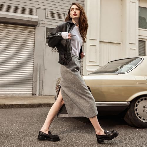 Image of BEAU TODAY Chunky Loafers for Women, Platform Penny Loafers for Women, Chunky Heel Lug Sole Leather Shoes Casual Comfortable Business Work Shoes Slip-on Black-C US 9