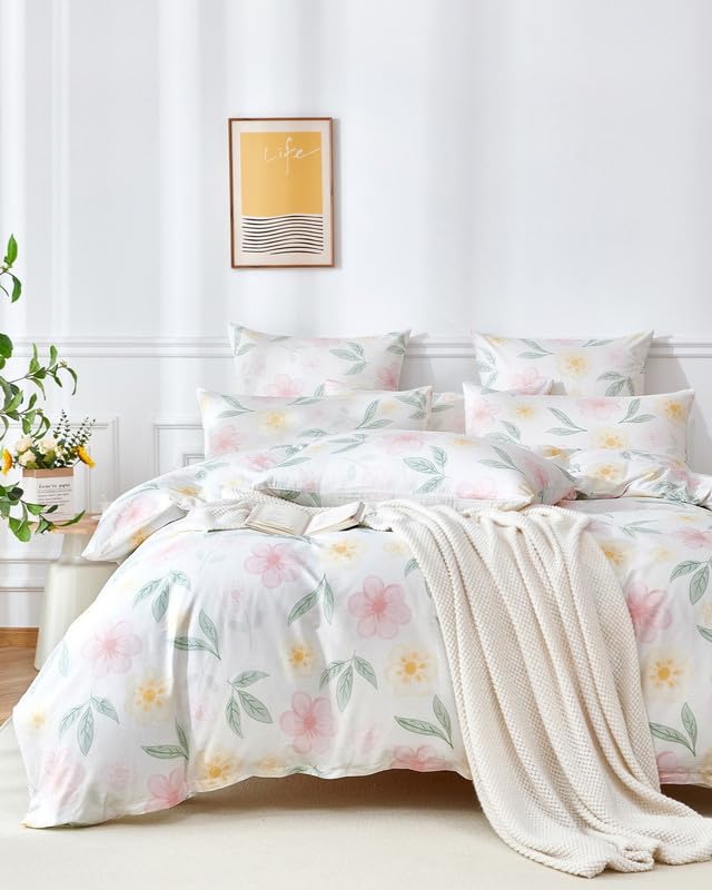 Gezu Bettwäsche Baumwolle 135x200 cm Rosa Weiß Blätter Blumen Muster Pflanzen Wende Bettwäsche Set Bunt 100% Baumwolle Allergiker Weich Bettwäsche mit Reißverschluss und 1 Kissenbezug 80x80 cm