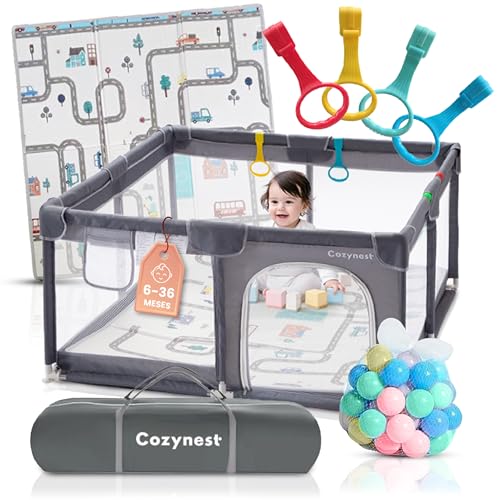 Lista de parques para niños baratos - Genial! 7 COZYNEST Parque Infantil Bebe 120x120 cm con Alfombra y 30 Bolas de Colores | 4 Agarraderas de Seguridad | Ideal para Niños y Niñas | Corralito...