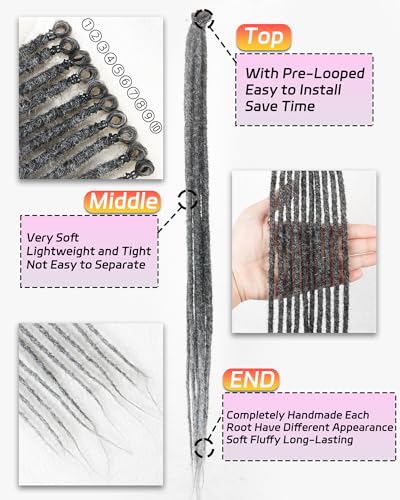 24 Inches Single Ended Dreadlock Extensions for Women(0.6 cm Width,50 Strands,Ombre Gray),Faux Locs Crochet Hair,Soft Synthetic Loc Extensions(24"-5 Packs,1B/Gray)