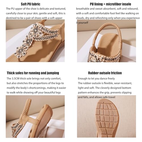 Women's T-Strap Flat Sandals With Sparkling Rhinestones, Summer Arch Support Sandals, Comfort Ankle Strap Elastic Flats for Beach Walking3