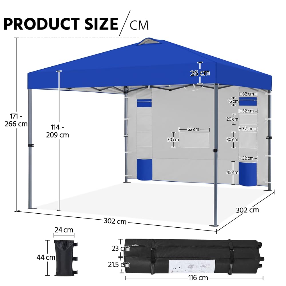 Yaheetech 3 x 3M Namiot Pop-up ze środkowym przyciskiem ze ścianą boczną z 9 kieszeniami do przechowywania, regulowana wysokość 1 torba na kółkach 4 worki na piasek na plażę, patio, kemping i ogród