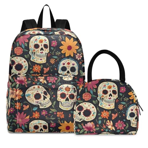 Backpack Lunch Box Set Large Capacity Travel Backpacks and Insulated Lunch Bag for Commute Hiking Picnic Mexican Floral Skull Print