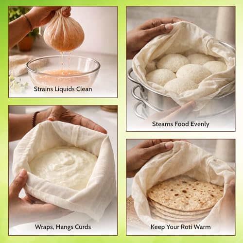 Image of Clazkit Muslin Cheese Cloth Bag - Reusable Straining & Filtering Cloth for Paneer, Juice, Nut Milk & Ice Cream, Size - 10 x 12Inches - Pack of 6