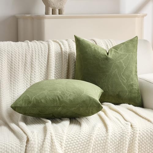 Image of FUTEI Pack of 2 Velvet Throw Pillow Covers 16x16 Inch Soft Embossed Leaf-Relief Textured Decorative Cushion Cases Modern Natural Farmhouse Accent for Couch Bed Living Room, Moss Green