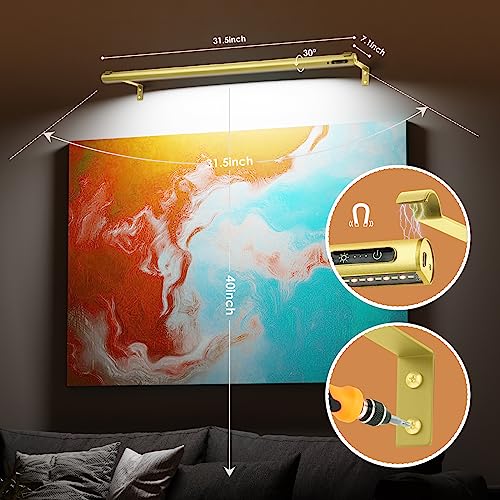 Image of Battery Operated Wireless Picture Light,Rechargeable /Plugged in 31.5inch Painting Display Light,Remote Control Wall Lights with Three Modes and Timing for Art Frame (2 Gold)