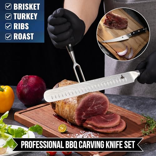 BBQ Carving Knife Set for Meat - 12" Brisket Slicing and 6" Boning Knife for Meat Cutting + 6" Carving Fork & 2 Sheath Covers - Full Tang - Razor Sharp German Steel - Professional & Build to Last - Image 3