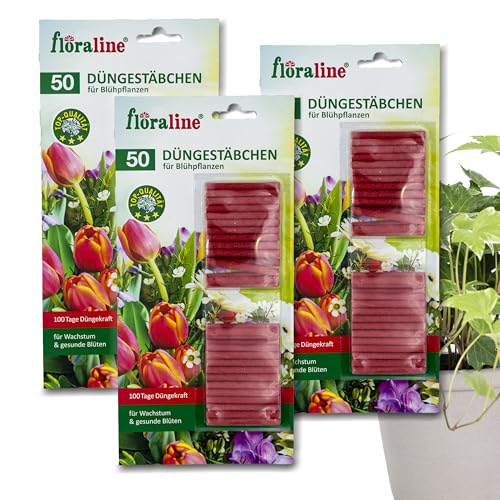floraline | 150x Blühpflanzen - Düngestäbchen | Pflanzen Dünger: pro Stäbchen für bis zu 100 Tage prächtige Blumen mit wundervollen Blüten | Sehr schonende & kinderleichte Anwendung