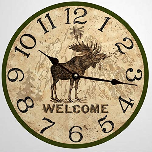 Byron Hoyle Wood Wall Clock Lodge Clock- Welcome Moose Lodge Clock 15" Round Hanging Clock Rustic Tuscan Style Clock Silent Non Ticking Wall Decor For Home,Office,School #TOP4
