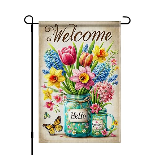 BlissYard Welcome Floral Mason Jar Spring Garden Flag 12x18" Burlap