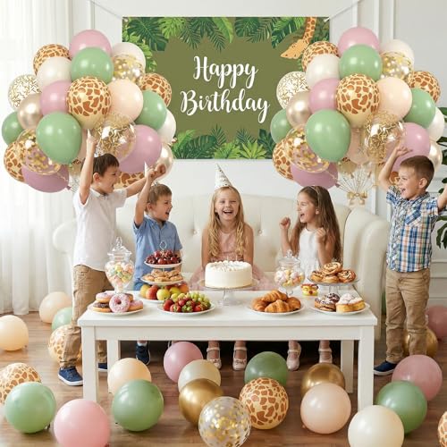 Image of Sage Green and Pink Balloons, 60PCS Deer Printed Balloons Confetti, 12 Inch Dusty Pink Champagne Gold Apricot Balloon Helium for Jungle Safari Birthday Woodland Baby Shower Wedding Party Decorations